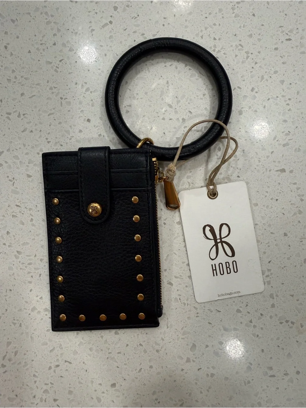 HOBO Black Leather Wristlet Card Case Coin with Gold Stud Accents